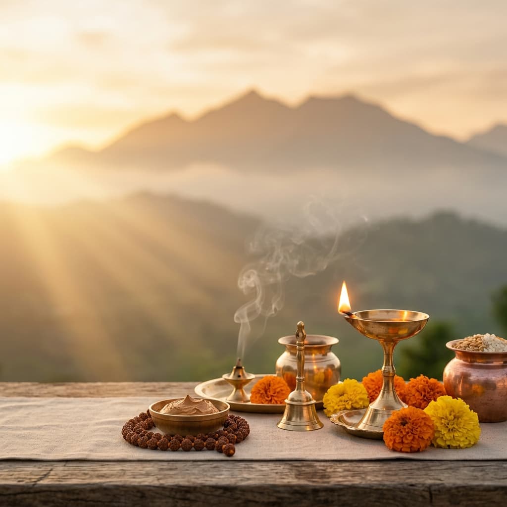 A family's home altar at dawn: brass lamp, marigolds, and soft Himalayan light